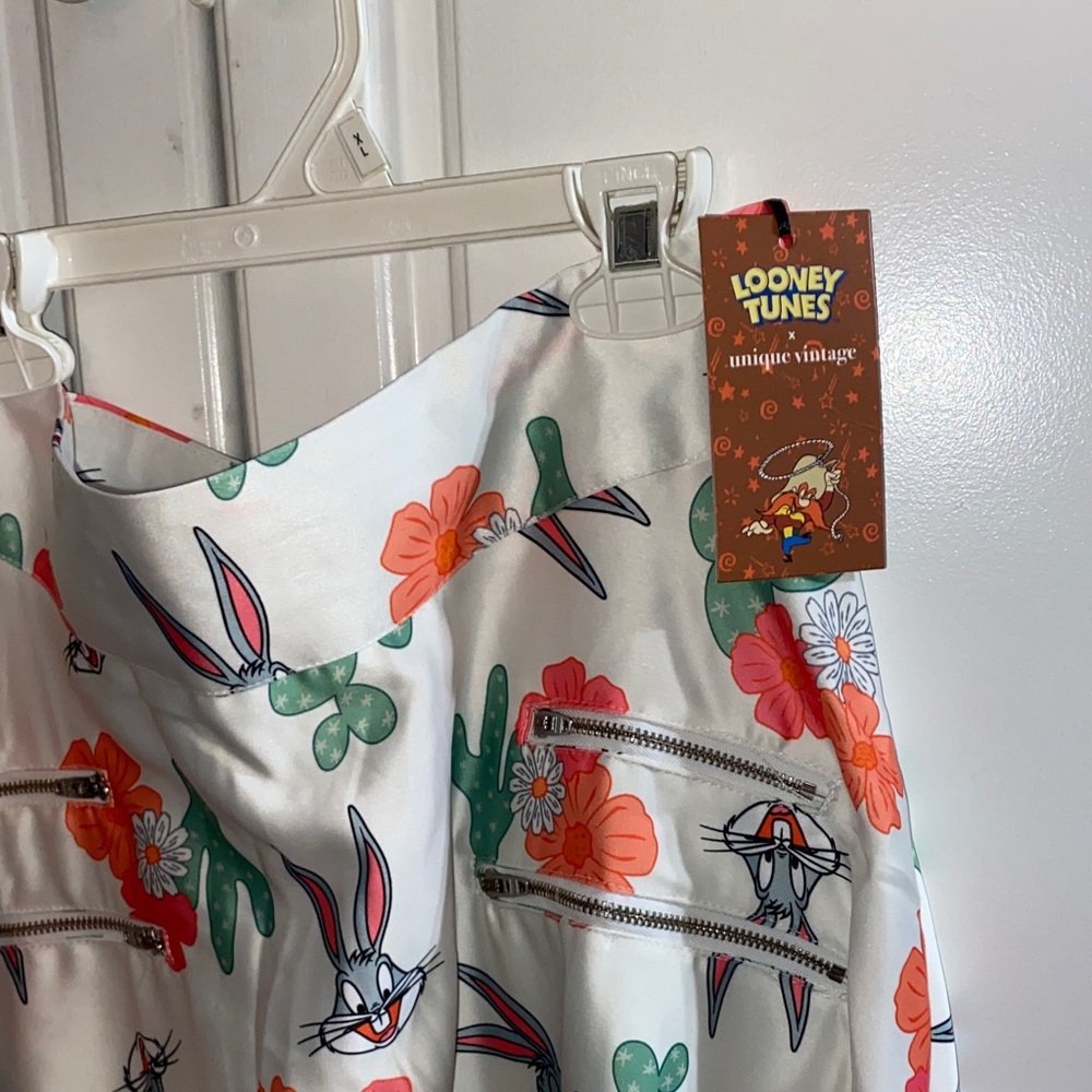 Unique Vintage Bugs Bunny Floral A-Line Skirt - White and Orange - Picture 3 of 5